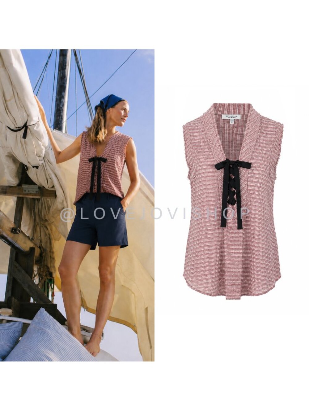 Coastal | William Rast Cotton Corset Ribbon Sleeveless Top | Red White Stripe M